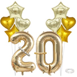 SKTMH 15Pcs 20th Birthday Party Balloons, Champagne Gold 20 Number Balloons Light Gold 20 Balloons Number 20 Balloons Decor, Foil Star Heart Balloons Long Balloons for Birthday Anniversary Baby Shower