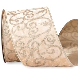 Ribbli Light Champagne Velvet Ribbon Wired with Glitter Swirl 4 Inch Christmas Ribbon for Christmas Tree Decoration Big Bow Gift Wrapping Crafts Wreaths Supplies - 10 Yards