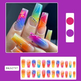 Coffin Press on Nails Medium Rhinestone Nails Press ons with Gradient Color Designs Flower Fake Nails Glossy Acrylic Rainbow Fake Nails Colorful Full Cover Glue on Nails Stick on Nails for Women 24Pcs