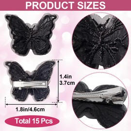 Pndeyo 15pcs Butterfly Hair Clips for Women, Non-Slip Embroidery Butterfly Hair Pins, Double-Layer Lace Butterflies Hair Barrettes Accessories for Long Short Curly Wavy Straight Hair- Black