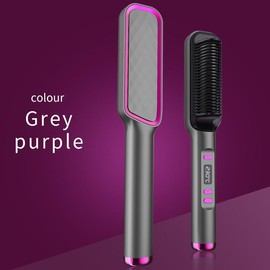 Hair Straightener Brush Comb, Ceramic Benherofun Ring Hair Straightener Comb And Curling Iron Straightening Brush for Women, Hot Comb Curling Iron Electric Hair Styling Tool With Intelligent Temperature Control Anti-Scald & LED Screen - Color: Grey