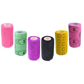 3 Inch Self Adhesive Medical Bandage Wrap Sport Tape (Purple, Pink, Black and Smiles on Yellow, Pink, Green) (6 Pack) Strong Elastic Self Adherent Flex Rolls Wrist Ankle Knee Sprains and Swelling