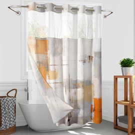 Hookless Shower Curtain with Snap in Liner, Orange Grey No Hook Shower Curtain with Liner Set, Watercolor Bathroom Curtain with Liner and See Through Top Window Bathroom Decor Set 71x74 Inches