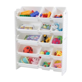 UNiPLAY 5 Tier Toy Storage Organizer with 15 Removable Bins, Re-Configurable Base, Multi-Functional for Books, Building Blocks, School Materials, Toys, or Garage Storage with Baseplate Board Frame