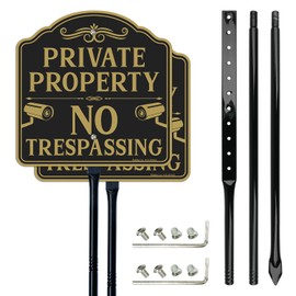 Faittoo Large No Trespassing Sign Private Property with 52" Metal Thick Stake, 2 Pack 12"x12" Rust Free Heavy Aluminum, Reflective, Fade Resistant, Easy to Mount, Outdoor use