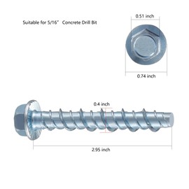 Wensilon 5/16" x 3" Zinc Plated Large Diameter Concrete Screw Actual Thickness 3/8"(10mm) for Anchoring to Masonry, Brick or Block (10 pcs)