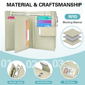 Faneam Women's Small Leather Purse Large Capacity Purse RFID Protection 12 Card Slots and Zip Coin Pocket, light green, Classic