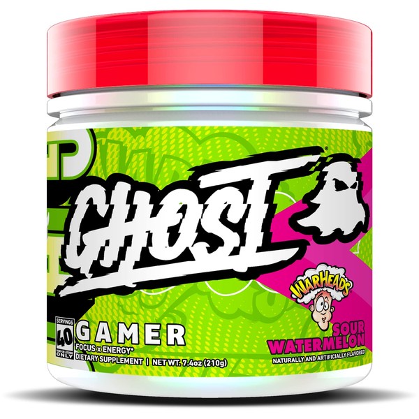 GHOST Gamer: Energy and Focus Support Formula - 40 Servings, Warheads Sour Watermelon - Nootropics & Natural Caffeine for Attention, Accuracy & Reaction Time - Vegan, Gluten-Free