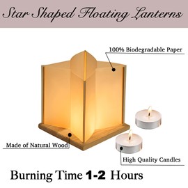 FUELYE 10 Pack 6" Star Shaped Floating Lanterns with Waterproof Wooden Base Sets, Paper Water Lanterns Decoration with LED Tealight Candle (10Sets Lanterns+Candles)