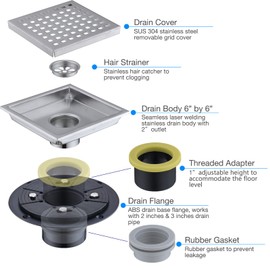 6 Inch Square Shower Floor Drain with Base Flange, SUS 304 Stainless Steel Grid Patten Grate Cover Removable, Adjustable Threaded Drain Strainer, Brushed Nickel