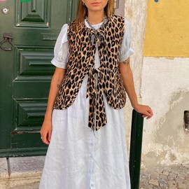 Edhomenn Women's Leopard Print Waistcoat Bowknot Front Sleeveless V-Neck Vest Summer Casual Jacket Y2k Cardigan Streetwear (01 Dark Brown, L)