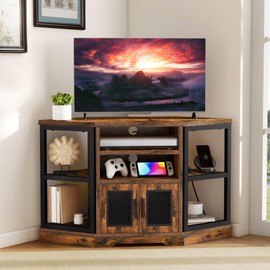 DWVO Farmhouse Corner TV Stand for Living Room, TV Stand for 55 Inch TV, Entertainment Center with Storage and Power Outlet, TV Console Cabinet, Rustic Brown