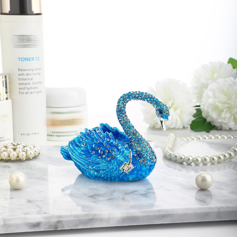 YU FENG Blue Swan Animal Jewelry Trinket Box Hinged Collectible