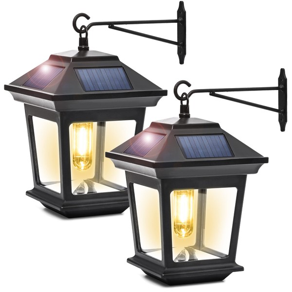 SOLPEX 2 Pack Solar Wall Lanterns Outdoor, Led Wall Sconce Lights Aluminum Glass with 4 Solar Panels, Waterproof Outdoor Solar Porch Lights Hanging Lanterns with Hooks, 20 Lumens 3000K Warm White