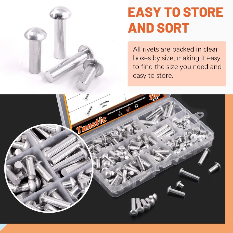 Tanstic 200Pcs M6 Solid Aluminum Brazier Head Rivets, 6mm 10mm