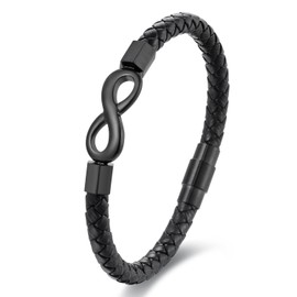BIYONGDE Mens Braided Black Leather Infinity Knot Bracelet, Stainless Steel Friendship and Forever Love Bracelet, Gift to Husband from Wife