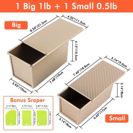 Beasea Pullman Loaf Pan with Lid, 2 Pack Non-Stick Bread Loaf Pans 1 lb & 0.5 lb Carbon Steel Bread Toast Box with Dough Scraper for Homemade Bread Toast Oven Baking - Gold