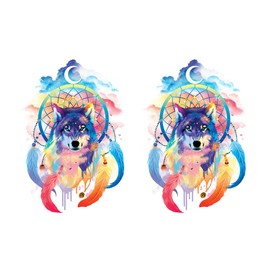 WIRESTER 2 Sheets Of Temporary Tattoo Stickers for Girls Boys Kids Adults, Fake Tattoos on Face Hand Neck Wrist Party Favor Body Art, Tattoo Sheet 6 x 7.87 inch - Moon Wolf Dreamcatcher