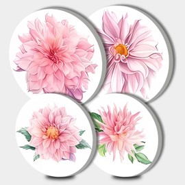 Pink Dahlias Art Round Metal Hob Covers Set of 4 Stove Cooker Hob Covers for Cookers Gas Stove Protector Cookware Accessories Modern Cooktop Decor