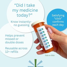 TAKE-N-SLIDE Peel and Stick Reusable for 12 + Refills, Pill/Medication/Vitamin/Pet Med Tracker & Reminder, Attach to Your Bottle, Organizer-Free, Curved‑Back (White, 5-Pack)