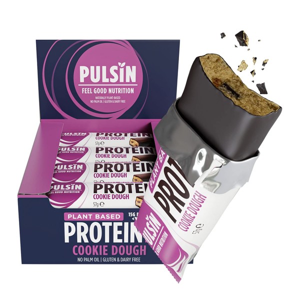 Pulsin - Cookie Dough Vegan Protein Bars - 12 x 57g - 14.8g Protein, 13.9g Fibre, 227 Kcal Per Serving - Gluten Free, Palm Oil Free & Dairy Free Snack Bar