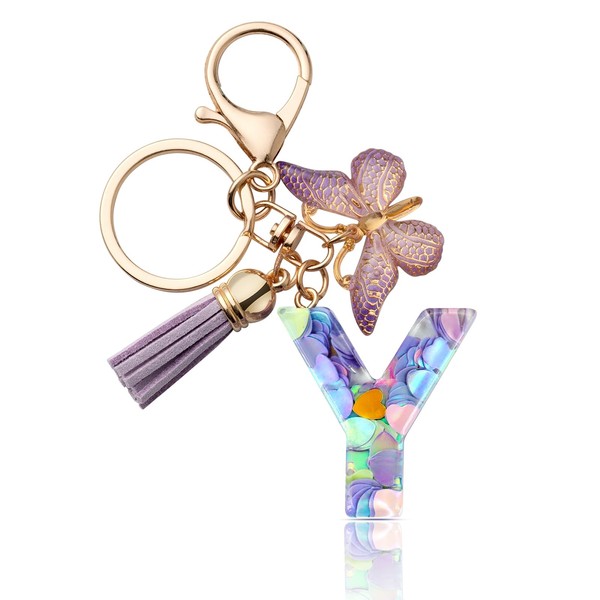 CHUQING Letter Keychain Initial Y Letter Key Ring Cute Butterfly