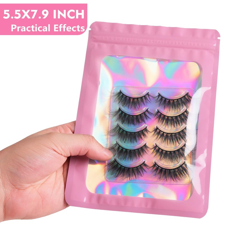 Durimoiy 100 pcs Pink Holographic Packaging Bags,Clear Resealable Flat Foil