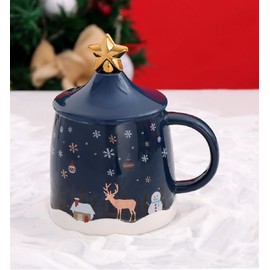 SuperglockT Cute Christmas Coffee Cup 400 ml Christmas Cup Drinking Cup with Lid and Spoon Cartoon Christmas Motif Muater Milk Cup for Women Girlfriend Colleague Mother (Blue)