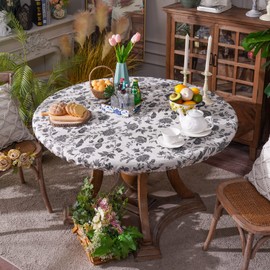 ARTABLE Round Table Cover Elastic Edges Fitted Tables Waterproof Vintage Flowers for Outdoor Camping Trip Patio Tablee (Sunflower, 48 Inch Round (30-43''Round Table))