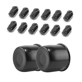 2-Pack Trailer Push Through Center Caps and Trailer Wheel Lug Sets - 4.25in Wheel Center Caps Matte Black Wheel Cover Stainless Steel Hub Cap with 12 Black Capped 1/2-20 Lug Nuts for Truck RV