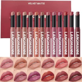 12 Piezas Lápiz Labial de Terciopelo Mate Nude Mate Suave Bastón de Color Oscuro Alta Pigmentación Larga Duración Impermeable Bálsamo Labial Cosmético