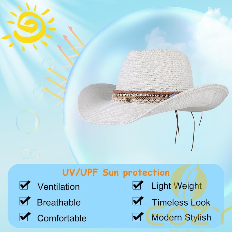 EOZY Women's Straw Hat Wide Brim Cowboy Hat Summer Sun