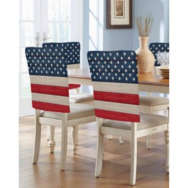 Stripes Stars American Flag Chair Back Covers for Dining Chairs 6 Pack, Washable Removable Chair Slipcover Back Chair Protector for Wedding Baby Shower Party 4th of July Farmhouse Woodgrain