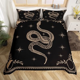 Snake Printed Duvet Cover Queen Size,Boho Sun and Moon Comforter Cover with 2 Pillowcase for Teens,Kids Starry Sky Galaxy Bedding Set,Black and Brown Breathable Decorative Bed Cover(No Comforter)