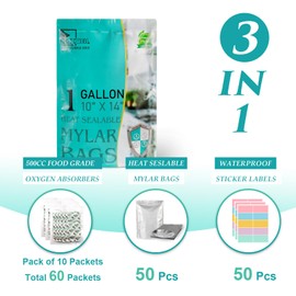 50pcs 1 Gallon Mylar Bags for Food Storage with Oxygen Absorbers 400CC (6 Packs of 10pcs) and Labels, 10 Mil 10"x14" Zipper Pouches Resealable and Heat Sealable for Long Term Food Storage (50 Bags)