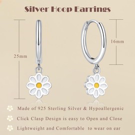 Cangall Silver Hoop Earrings for Women Girls, Silver Daisy Drop Hoop Earrings, Hypoallergenic Minimalist Cute Flower Silver Sleeper Dangle Hoop Earrings, Daisy Flower Charm Hoop Earrings Dangling