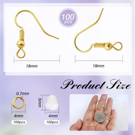 TOAOB 300pcs Hypoallergenic Earring Hooks Gold Earring Making Kit 18mm Earring Making Supplies with Jump Rings and Clear Silicone Earring Backs for DIY Jewelry Making
