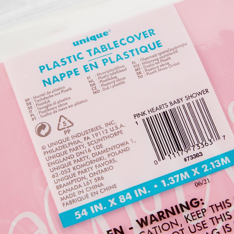 Unique 73363 Pink Hearts Baby Shower Plastic Table Cover, 54"