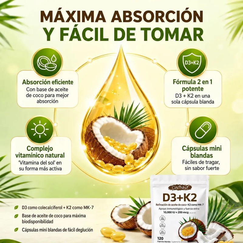 Gwynne Vitamina D3 10.000ui K2 Mk-7 200mcg,120 cápsulas,2 En 1