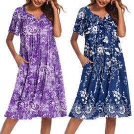 Ekouaer 2 Pack House Dresses for Women with Pockets Short Sleeve Moo Moos Floral Print Mumu Dresses