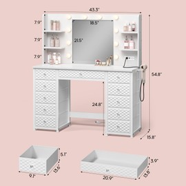 HAUOMS Vanity with Lights and Mirror, 11 Drawer Makeup Vanity with Power Strip, 6 Open Shelves, 43.3” Vanity Desk with Storage, Dressing Table with 3 Color Modes for Bedroom, Women, Girls (White)