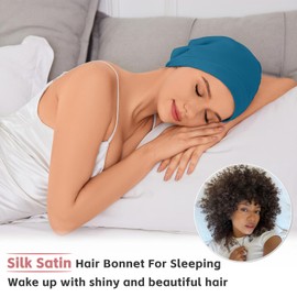 Silk Bonnet for Sleeping Women, Adjustable Silky Satin Lined Sleep Cap, Silk Hair Wrap for Sleep Night Cap for Natural Curly Hair 2PCS(Navy Blue&Green)
