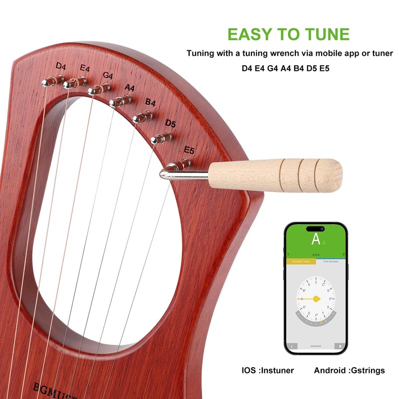 BGMUSER Lyre Harp 7 Strings with Bag,Tuning Wrench,Metal Strings, Mahogany