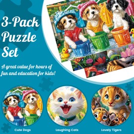 3-Pack 100 Piece Puzzles for Kids,Cute Dogs Cats Tigers Animals Puzzle for Kids Age 4-6 6-8 8-10,Unique Large Piece Jigsaw Puzzle,Recycled Paper,Bright & Colorful Educational Puzzle,Boys Girls Gift