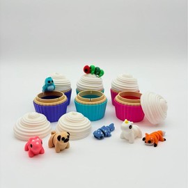 JP Crafted Designs Surprise Cupcake Container with Three Random Mini Figures - Cute and Portable Sensory Fidget Toy Set for Collectors and Kids - Color: Pink with 3 minis