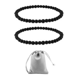 2 Black Pearl Bracelets, 1 Jewellery Bag, Simple Bead Bracelet, Gemstone Bead Bracelet, Elastic Bracelet, Jewellery Gift