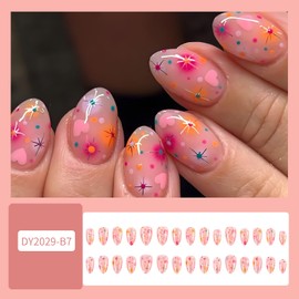 CJDLTS Press on Nails Short Oval Pink Love Heart Stars Pattern Design Full Cover Glossy Acrylic Fake Nails Press Ons Artificial Stick on Nail Short 24Pcs Reusable Glue on Nails for Women