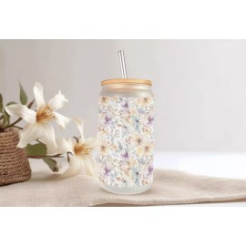 Mugzan Watercolor Flowers Frosted Glass Can W/ Bamboo Lid 16 Oz Glass Cup by Mugzan