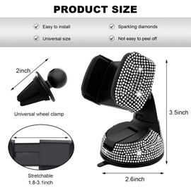 FSTURIOS Bling Cell Phone Holder, 360° Adjustable Rhinestone Car Phone Mount with Air Vent Base, Universal Shiny Crystal Phone Mount Stand for Dashboard Windhshield Air Outlet (White)