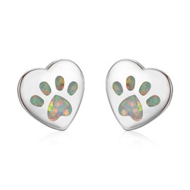 Opal Heart Cat Paw Prints Stud Earrings Statement Cartilage Tragus Studs Earring 925 Sterling Silver Pin Chic Jewelry Cute Gifts for Women Sensitive Ears (Silver)